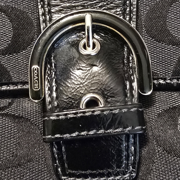Coach Purse Black Signature Canvas Crossbody Bag Leather Trim Silver Tone Accent - Picture 11 of 11